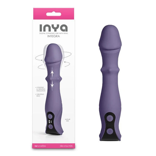 INYA Integra vibrator in Grey with sliding ring, ridged shaft beside its INYA box