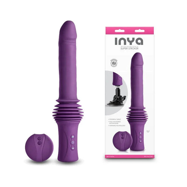 INYA Super Stroker thrusting vibrator in Purple with remote, beside its INYA box