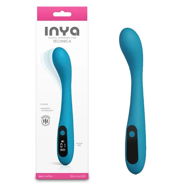 INYA Technica warming vibrator in Teal, curved G-spot shaft beside its INYA box