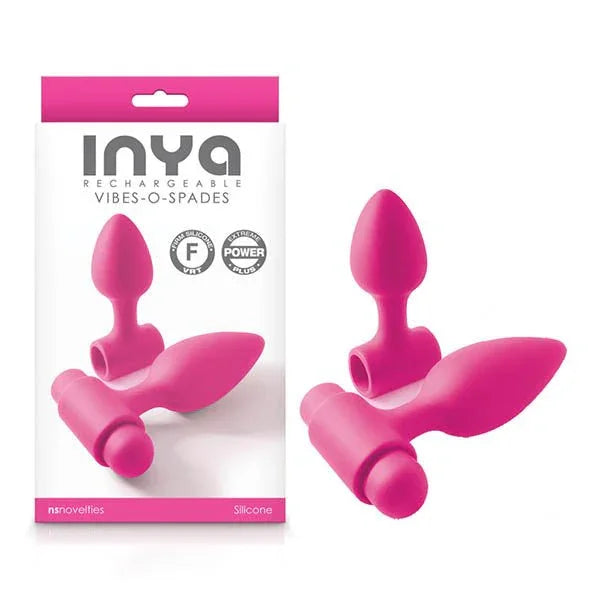 INYA Vibes-O-Spades vibrating butt plugs in Pink, pair of plugs beside the INYA box