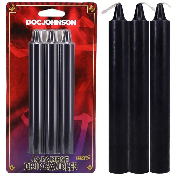 Doc Johnson Japanese Drip Candles in Black, three candles beside the card
