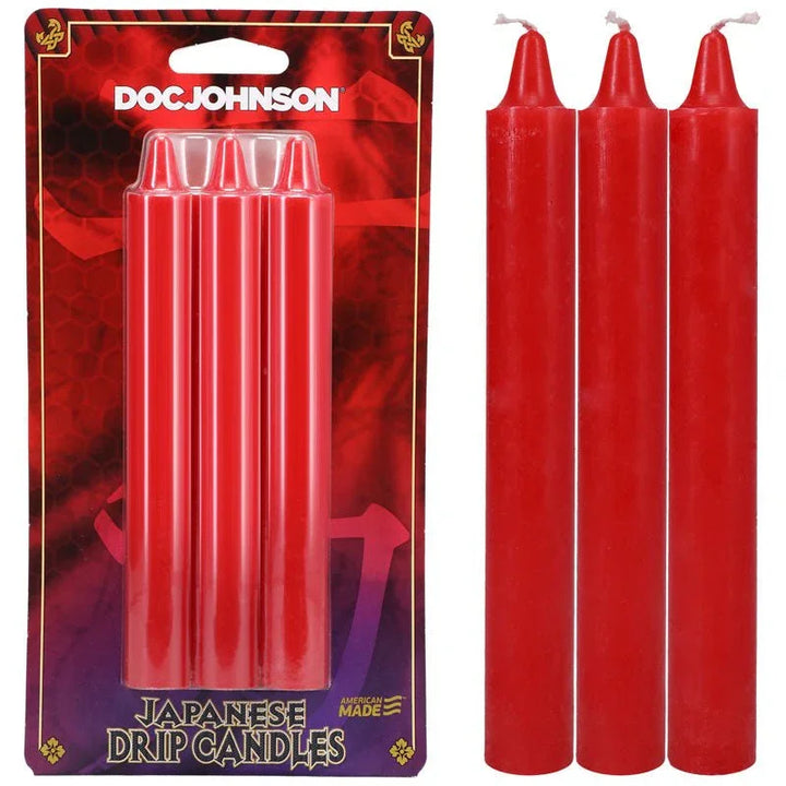Doc Johnson Japanese Drip Candles in Red, three candles beside the card