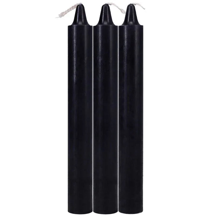 Doc Johnson Japanese Drip Candles in Black, three candles upright on white