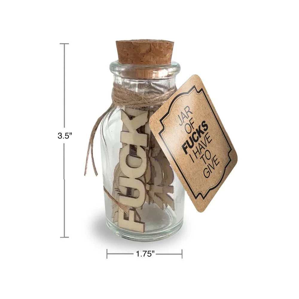 Jar Of Fucks gift jar with dimensions marked 3.5 inches tall by 1.75 wide