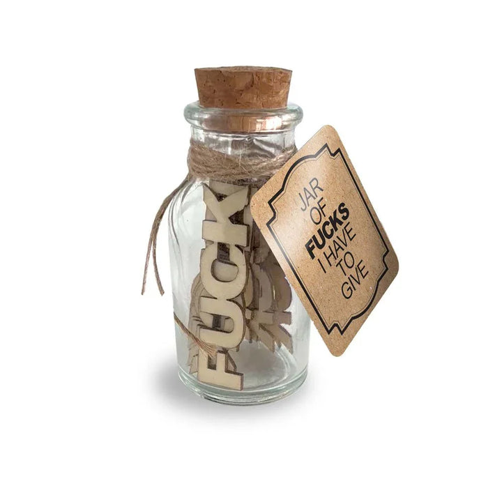Jar Of Fucks I Have To Give, corked glass jar of wooden FUCK tiles with a gift tag