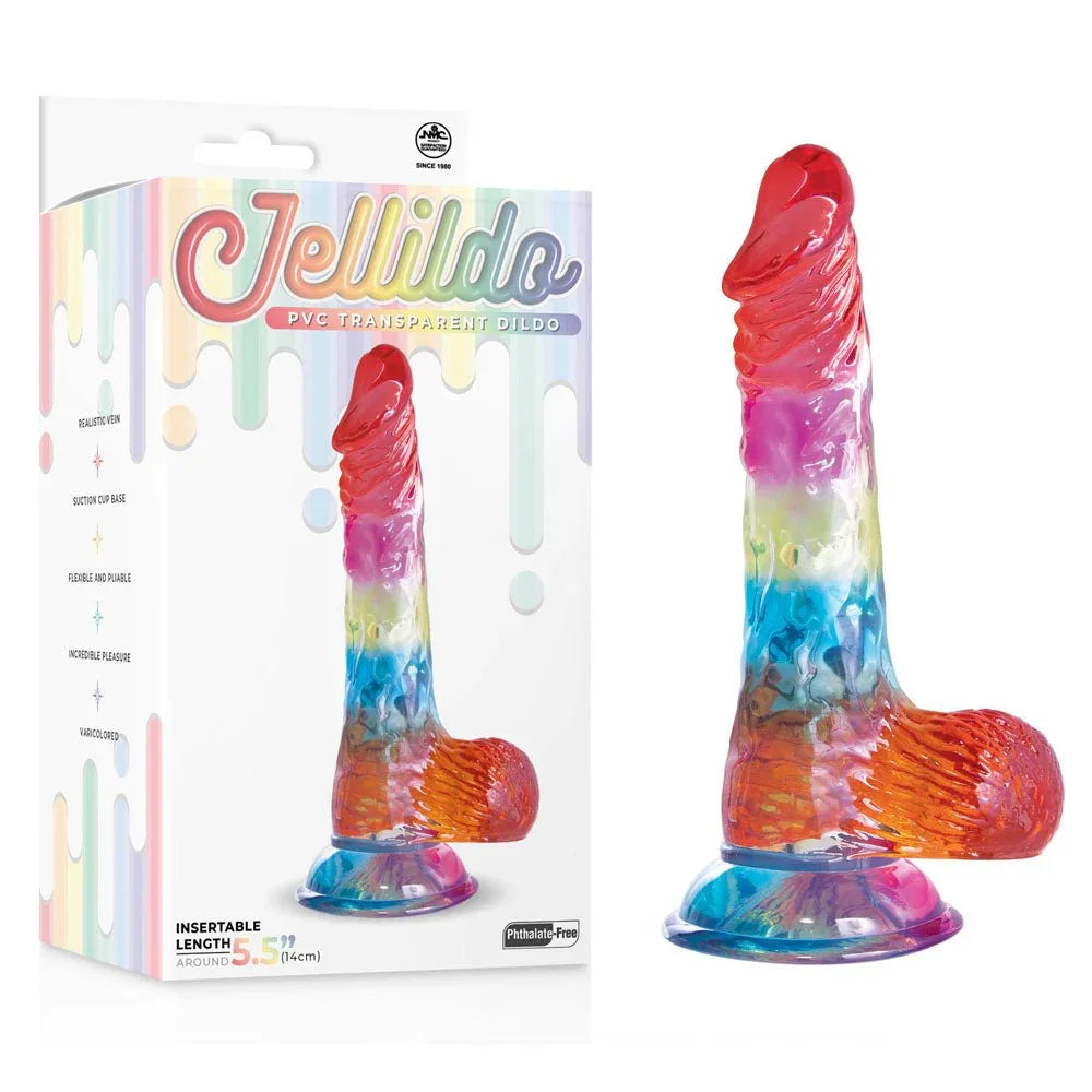 Jellido 14 cm dildo with balls, rainbow transparent PVC, beside its retail box