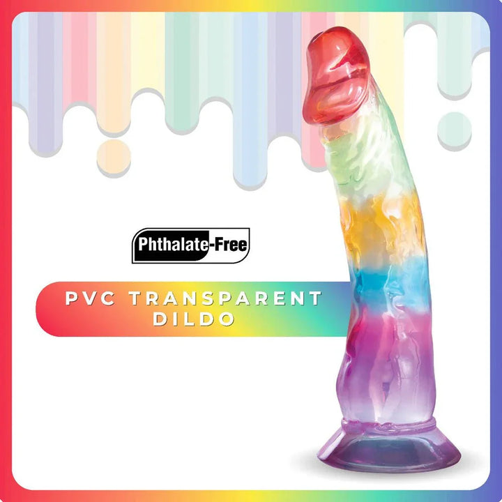 Jellido 16.5 cm rainbow dildo close-up on card, suction base, phthalate-free