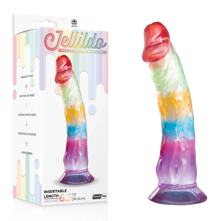 Jellido 16.5 cm dildo, rainbow-banded shaft with red tip, beside its retail box