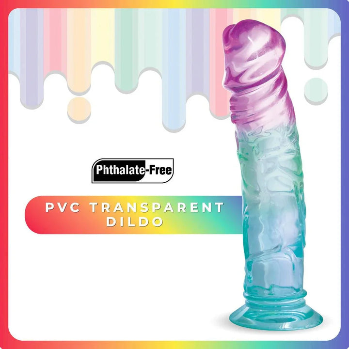 Jellido 18 cm dildo close-up on rainbow card, labelled phthalate-free transparent PVC