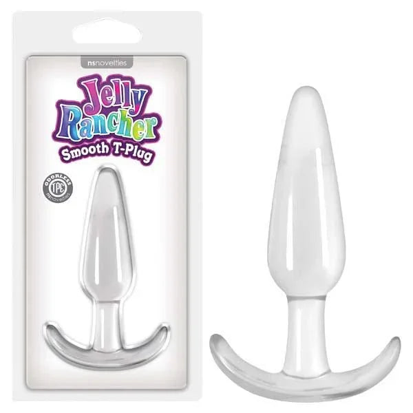 Jelly Rancher Smooth T-Plug in Clear, T-bar base, beside its Jelly Rancher pack