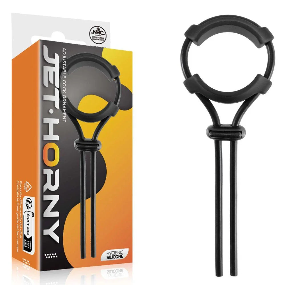 Jet Horny adjustable cock lasso ring in Black, sliding cinch tie beside its orange box