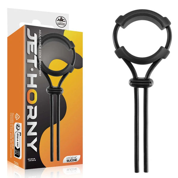 Jet Horny adjustable cock lasso ring in Black, sliding cinch tie beside its orange box