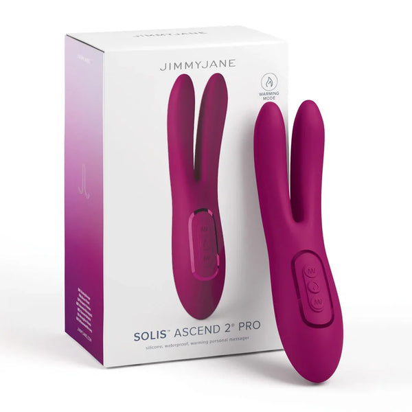 JimmyJane Solis Ascend 2 Pro in Magenta, twin-tip stimulator beside its box
