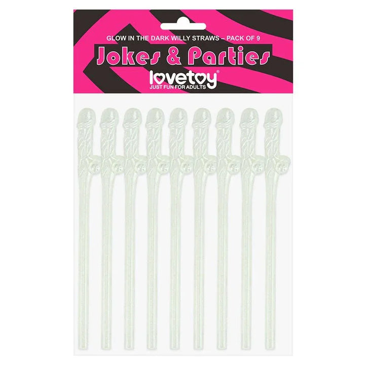 Nine glow in the dark willy straws in their Jokes & Parties header card, pale green plastic