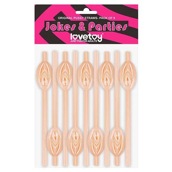 Nine flesh-toned pussy straws on their Jokes & Parties header card, moulded vulva shape