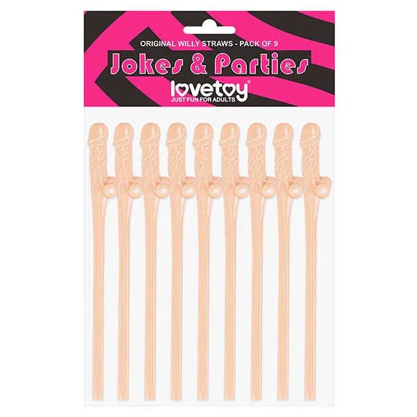 Nine flesh-toned Original willy straws on their Jokes & Parties header card