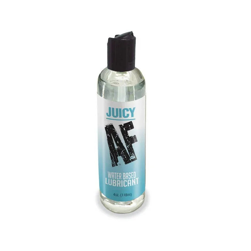 Juicy AF Water Based Lubricant, clear 118 ml bottle with a blue label and flip cap