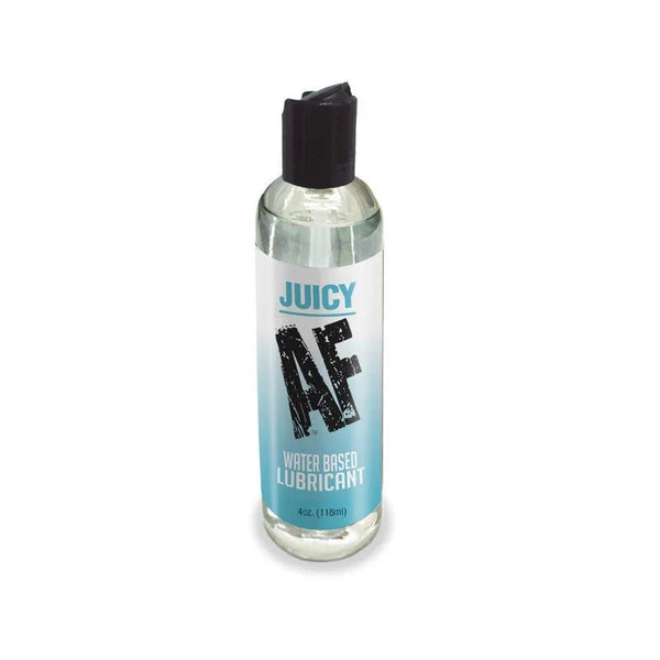 Juicy AF Water Based Lubricant, clear 118 ml bottle with a blue label and flip cap