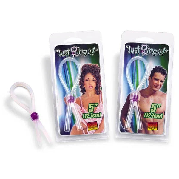Just Ring It cock lasso in Clear, loose ring beside two blister packs