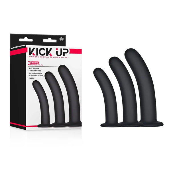 Kick Up vaginal dilator kit in Black, three slim curved trainers beside the box