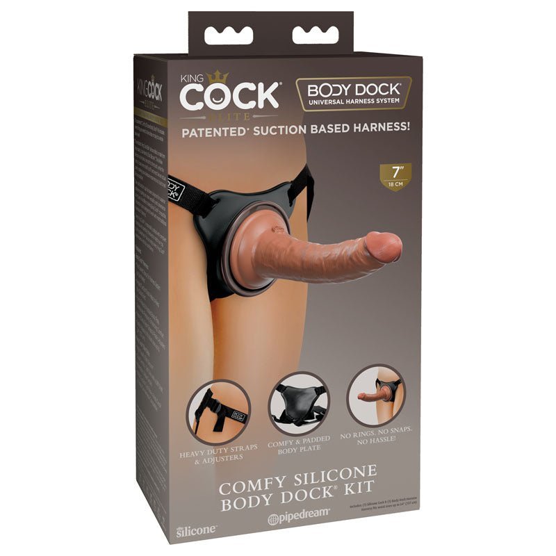 King Cock Elite Comfy Silicone Body Dock Kit - Body Dock Strap - On Harness with Tan 17.8 cm Dong – Sex toys NZ by Naughtyhut. Discreet delivery nationwide.