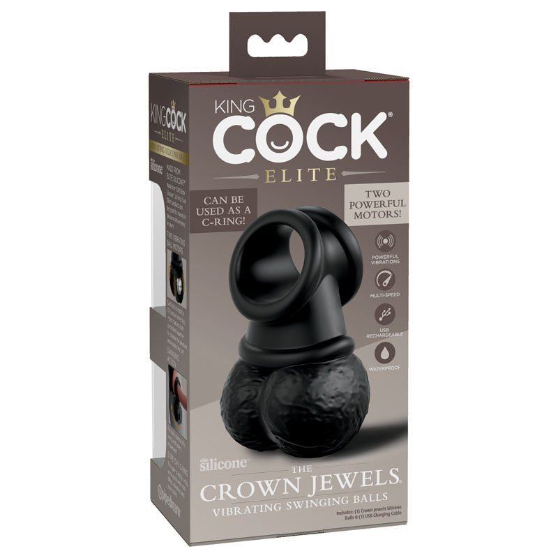 King Cock Elite The Crown Jewels Vibrating Silicone Balls - Black USB Rechargeable Vibrating Cock Ring – Sex toys NZ by Naughtyhut. Discreet delivery nationwide.