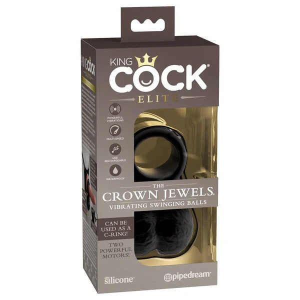 Pipedream King Cock Elite Crown Jewels vibrating balls in Black, gold retail box