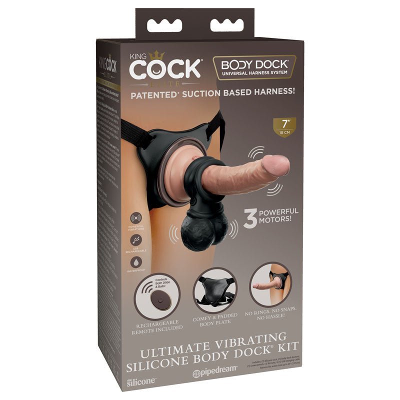 King Cock Elite Ultimate Vibrating Silicone Body Dock Kit - Body Dock Strap - On Harness with 17.8 cm Vibrating Dong & Vibrating Balls – Sex toys NZ by Naughtyhut. Discreet delivery nationwide.