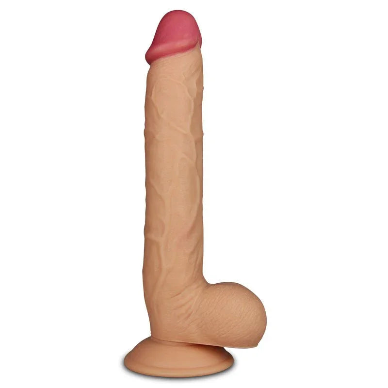 King Size 10 inch dildo standing upright on its suction base, veined shaft and balls on white