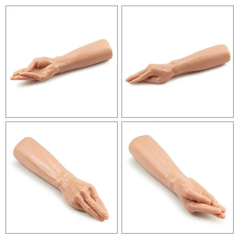 Four angles of the Magic Hand dildo lying flat, fingers tapered into a point