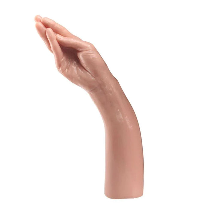 Magic Hand dildo angled back, the curve of the wrist and forearm in profile