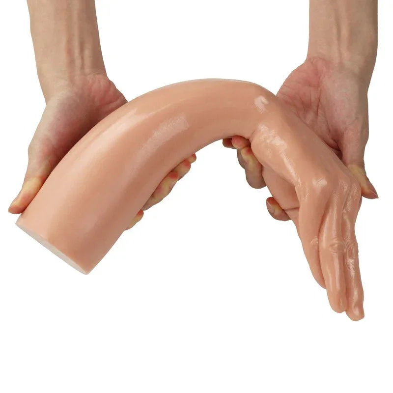 Two hands bending the Magic Hand forearm dildo to demonstrate how far it flexes
