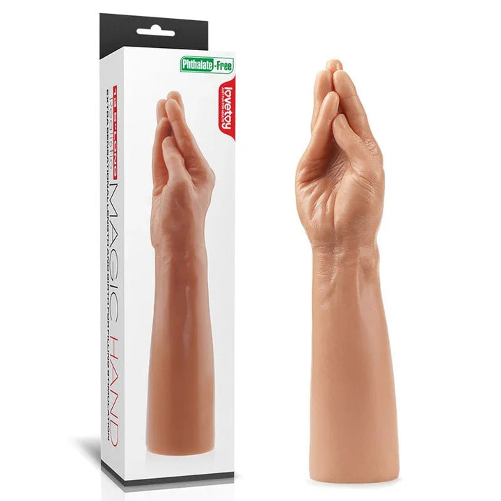 Lovetoy King Sized 13.5 inch Magic Hand dildo in Flesh beside its Magic Hand box
