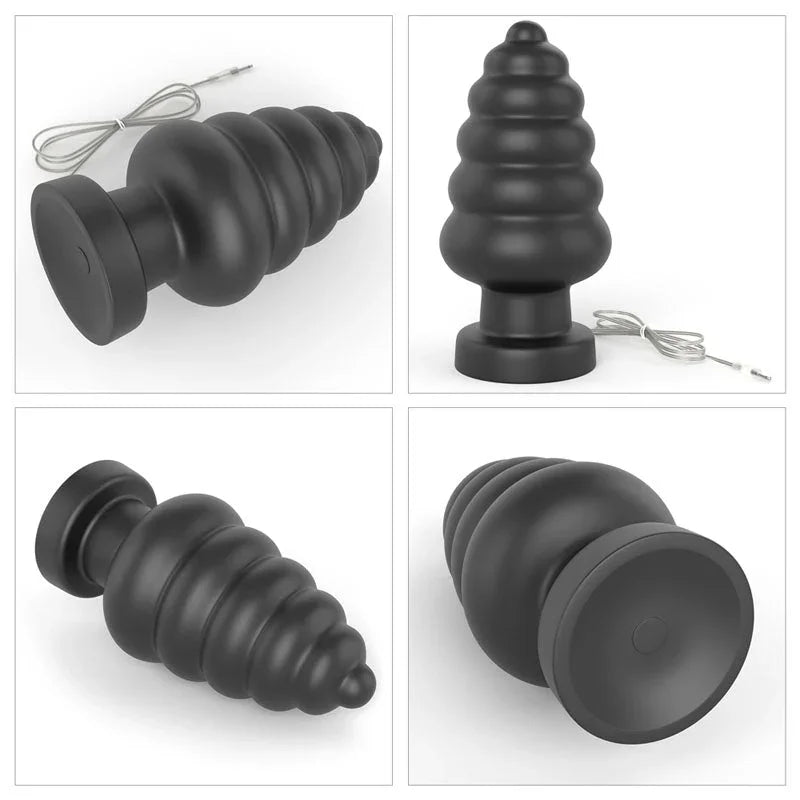 Four views of the black Anal Cracker plug with its remote lead, from tip to base