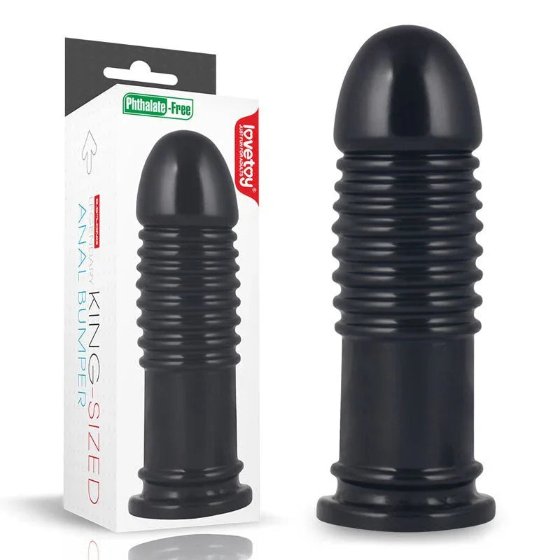 Lovetoy King Sized 8 inch Anal Bumper plug in Black with ribbed midsection and its box