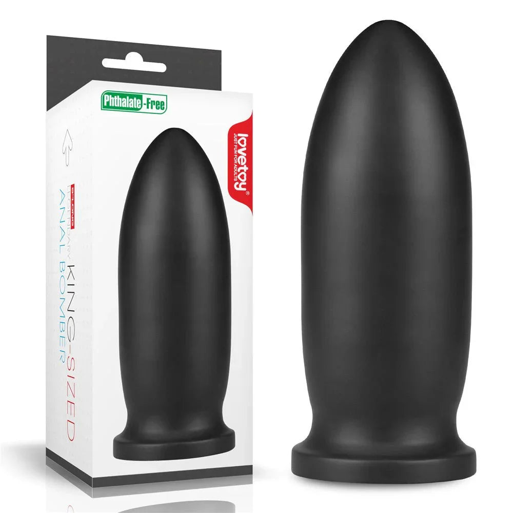 Lovetoy King Sized Anal Bomber mega plug in Black beside its King-Sized retail box