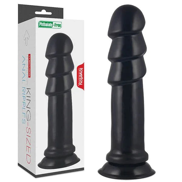 Lovetoy King Sized Anal Ripples plug in Black, stacked bulbous ridges, beside its box