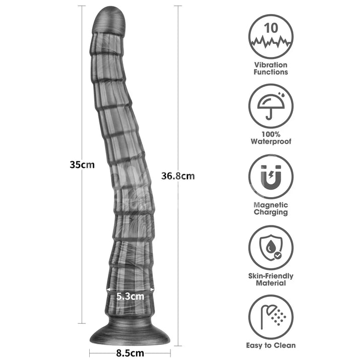 Vibrax Slider 14.5 inch size chart: 36.8 cm long, 35 cm insertable, 5.3 cm wide, waterproof