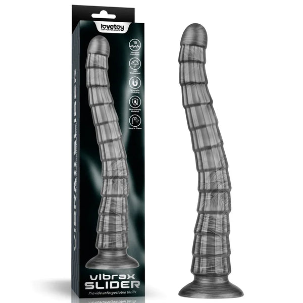 Lovetoy Vibrax Slider 14.5 inch vibrating dildo in Grey with its black retail box