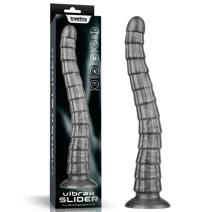 Lovetoy Vibrax Slider 14.5 inch vibrating dildo in Grey with its black retail box