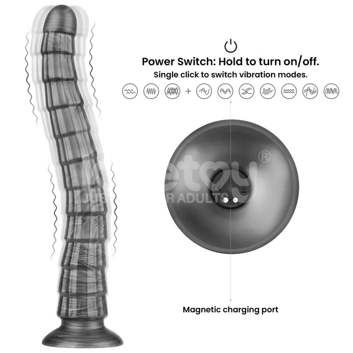 Vibrax Slider 14.5 inch diagram with vibration lines and the magnetic charging port