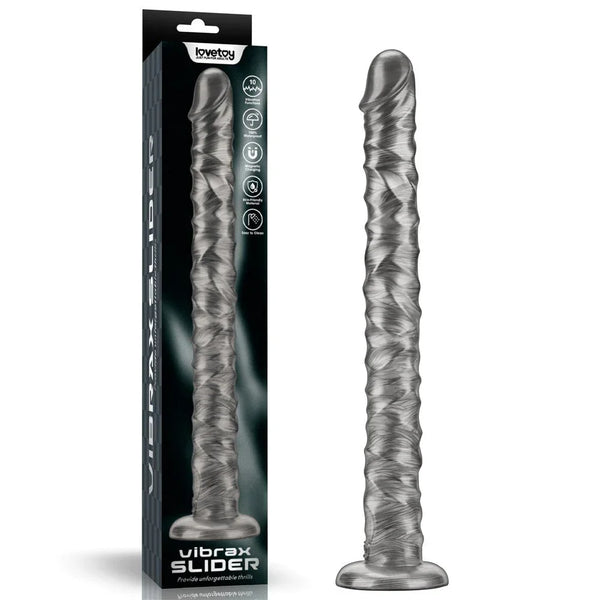Lovetoy Vibrax Slider 16 inch vibrating dildo in Grey with its tall black retail box