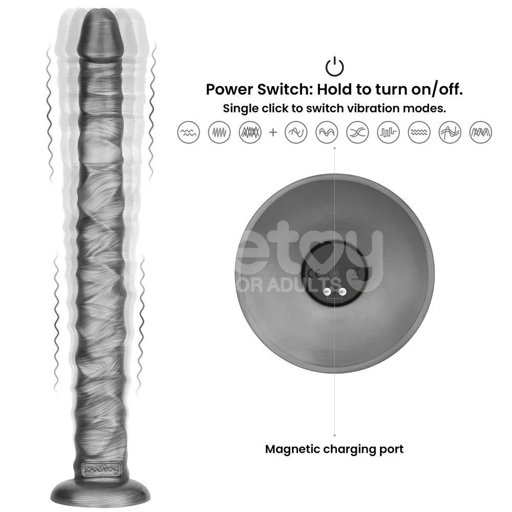 Vibrax Slider 16 inch diagram with vibration lines and the magnetic charging port on the base