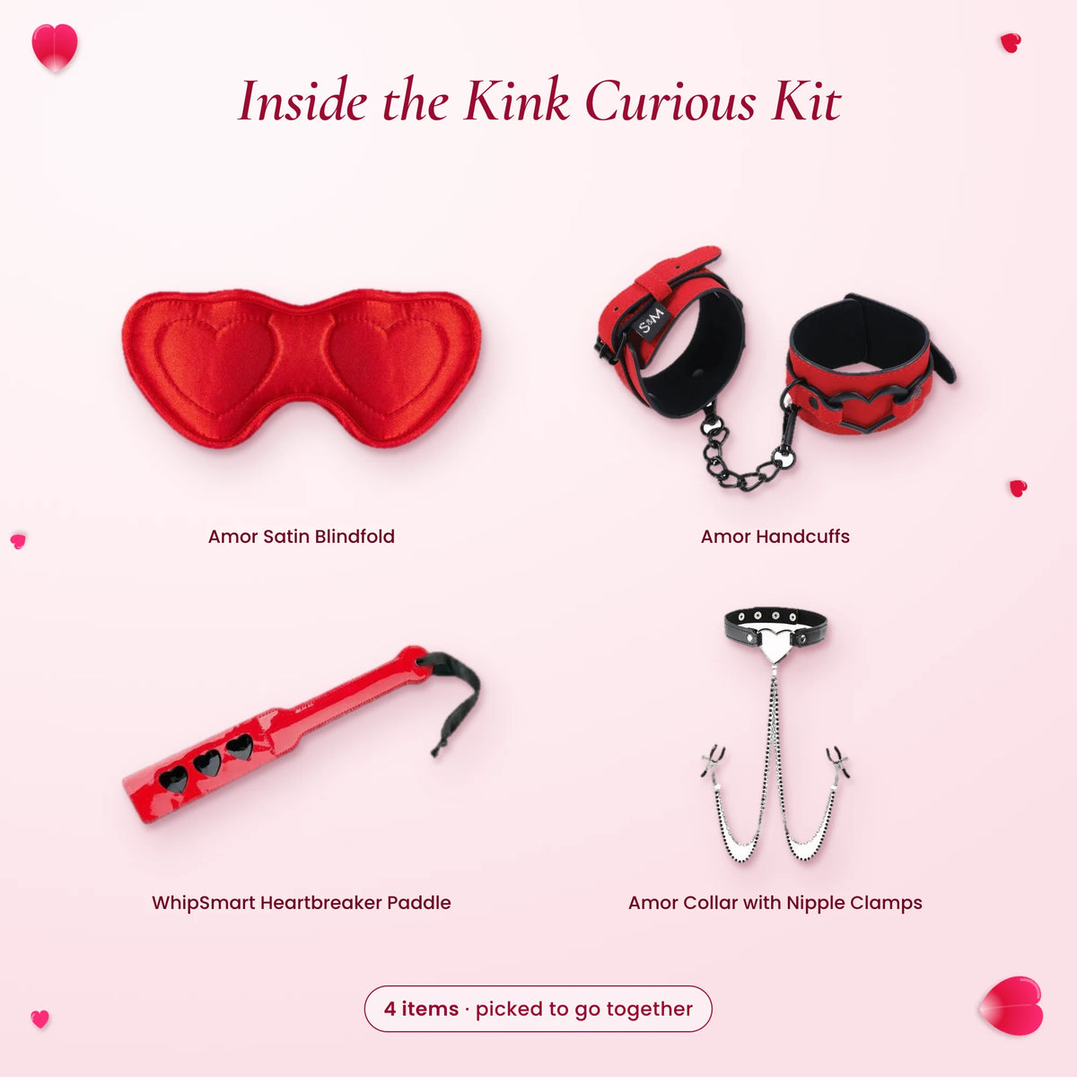 Inside the Kink Curious Kit: Amor blindfold, Amor handcuffs, WhipSmart Heartbreaker paddle and Amor collar with clamps