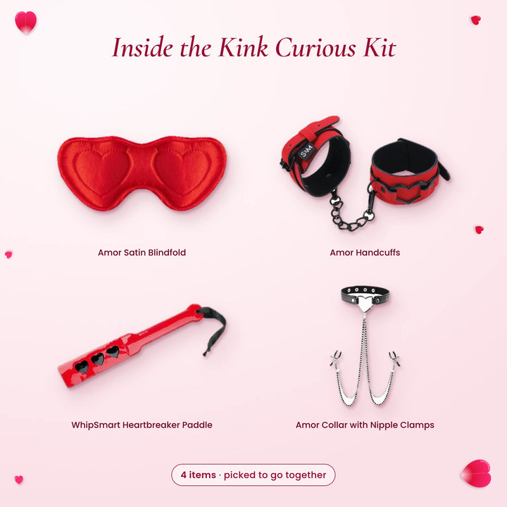 Inside the Kink Curious Kit: Amor blindfold, Amor handcuffs, WhipSmart Heartbreaker paddle and Amor collar with clamps
