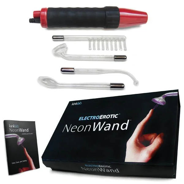 KinkLab Neon Wand electrosex kit, red wand with four glass electrodes and box