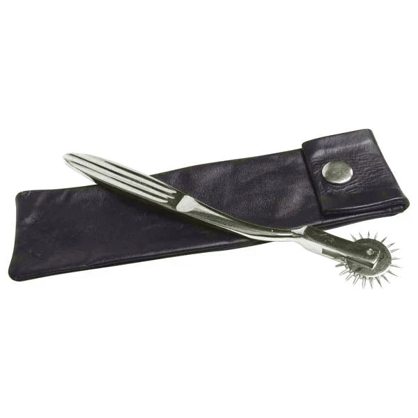 KinkLab Wartenberg pinwheel, steel spiked wheel beside its black leather pouch