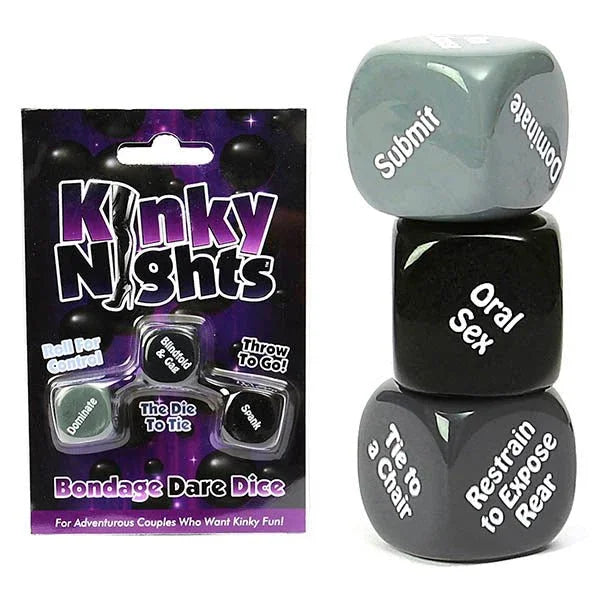 Kinky Nights bondage dare dice pack with three stacked dice beside it