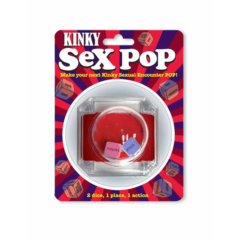 Kinky Sex Pop dice game on its red blister card, popper dome with two dice
