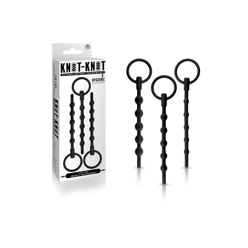 Knot Knot urethral sounding kit in Black, three beaded sounds with rings, beside its box